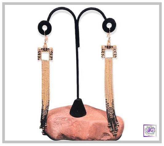 Gold and Black Beaded Rhinestone Fringe Earrings