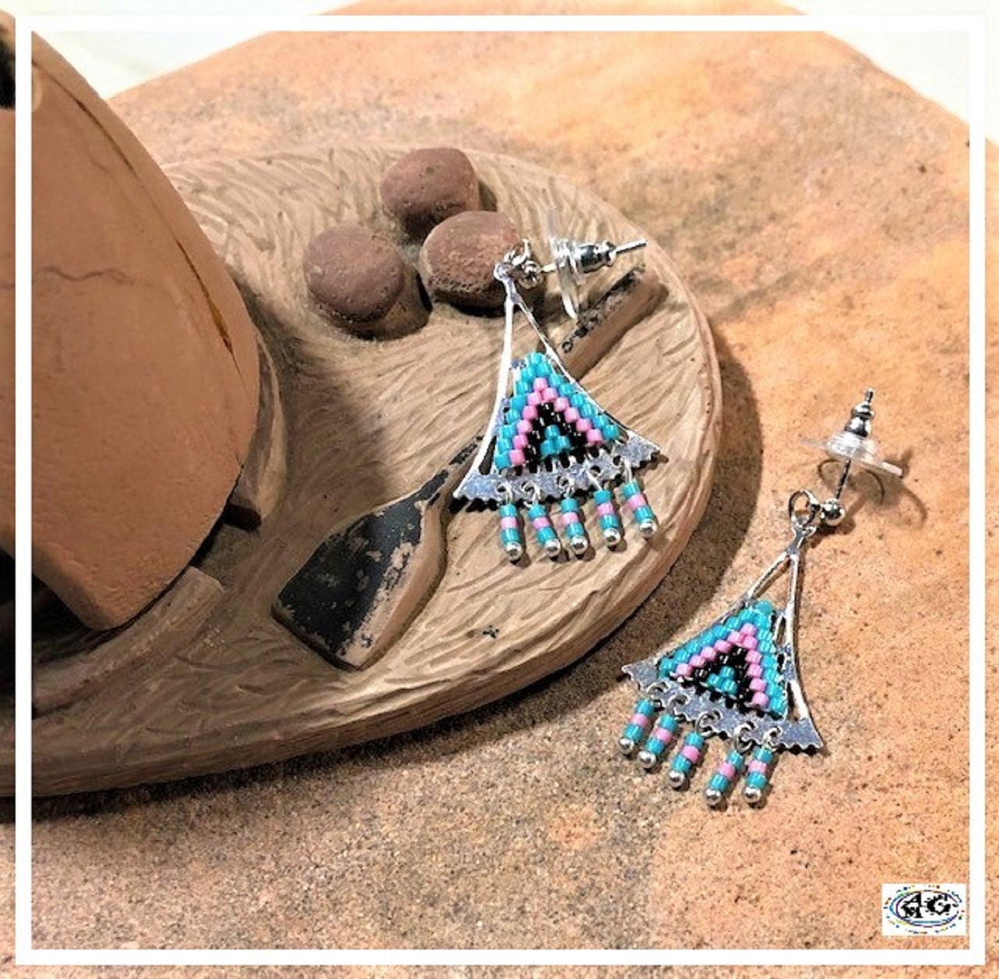 Pink Silver Beaded Triangle Earrings