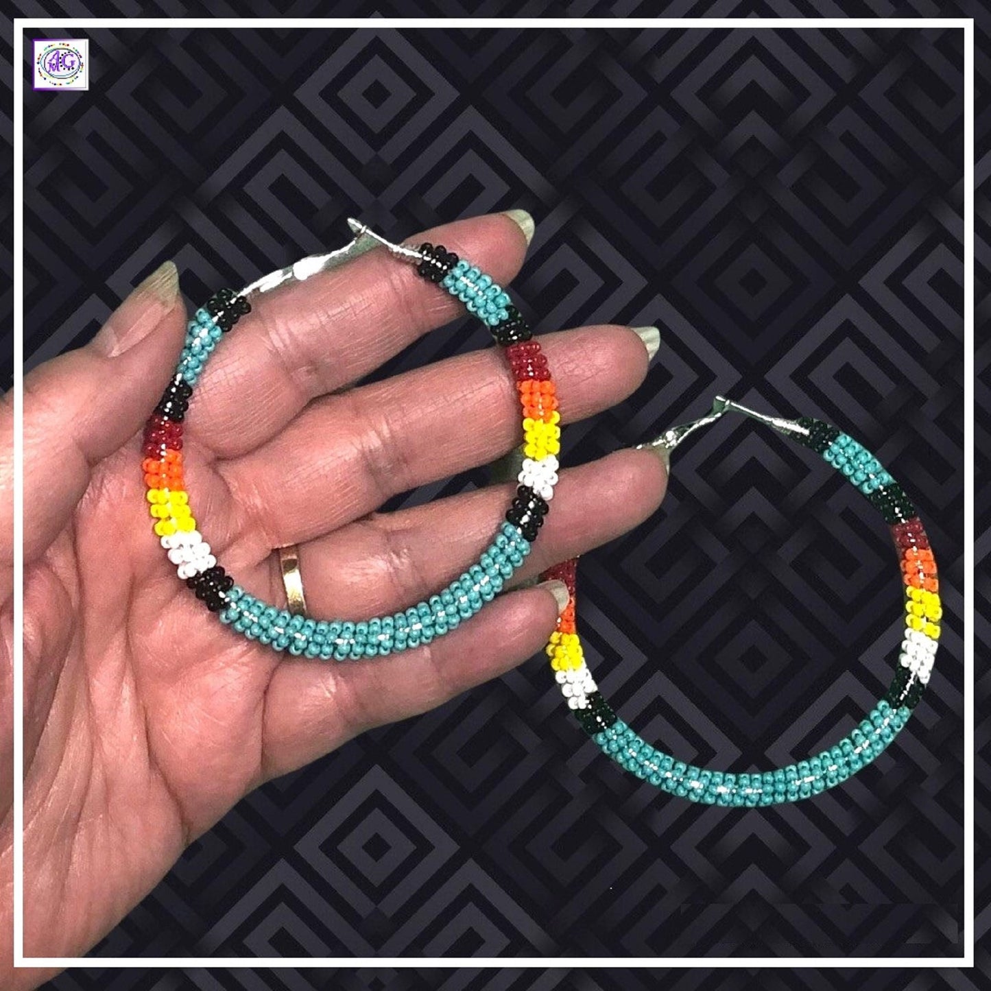 Large Multi Color Beaded Hoop Earrings 2 1/2"