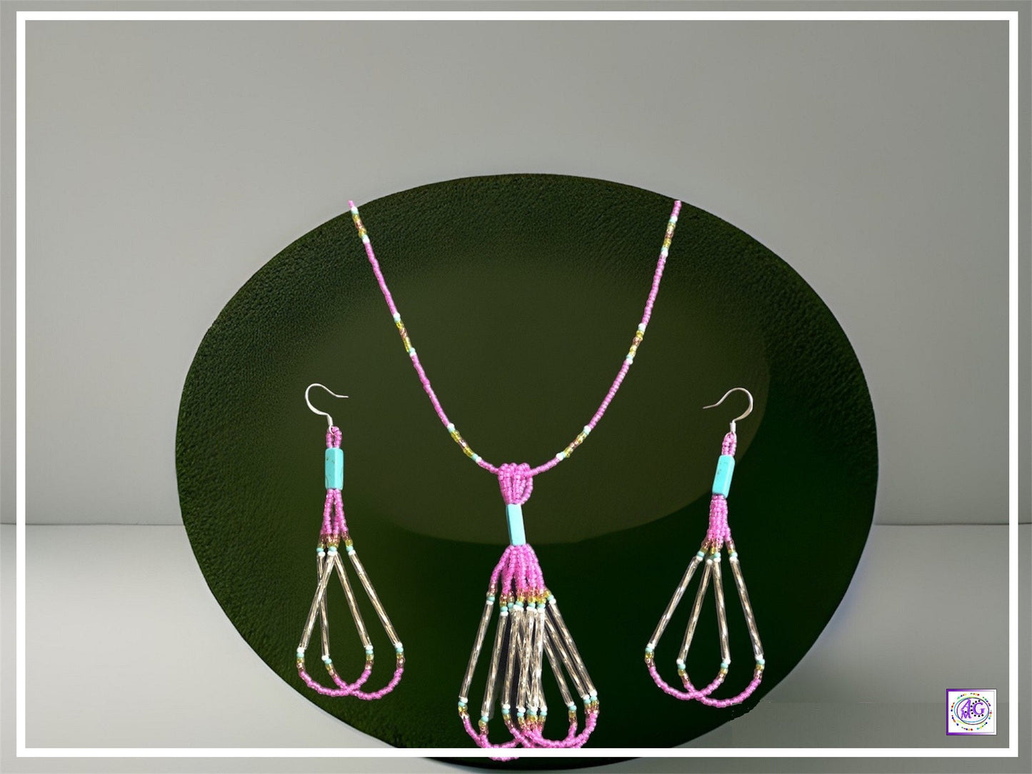Tassel Beaded Necklace Set Rainbow and Pink Seed Beads