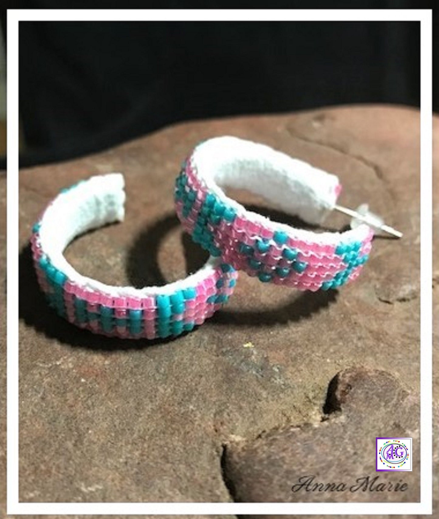 Pink and Teal Beaded Hoop Earrings