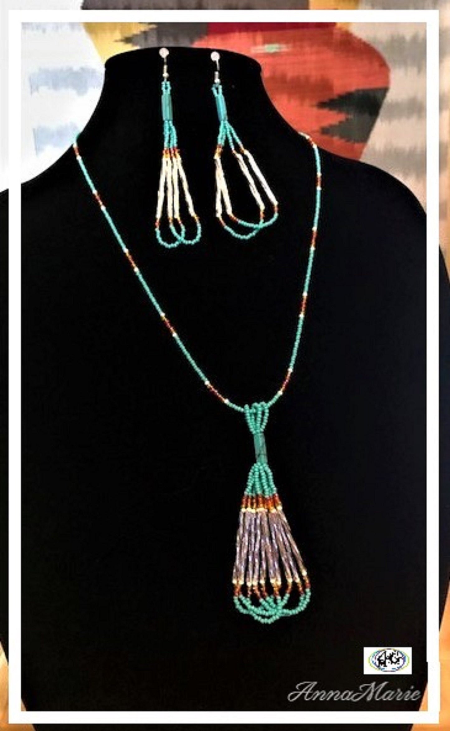 Tassel Bead Necklace Set with Rainbow and Turquoise Seed Beads