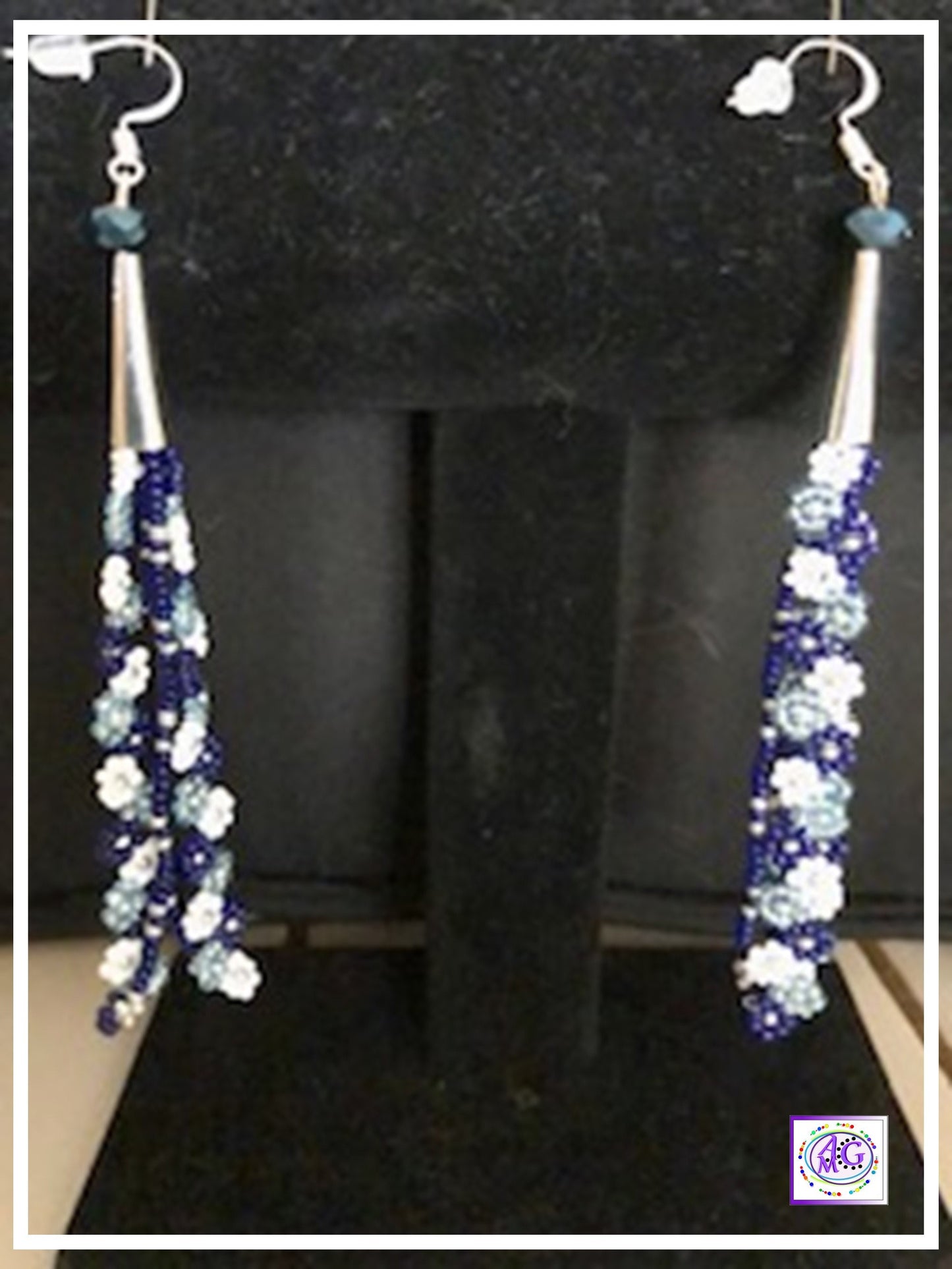 Cobalt Blue Beaded Daisy Flower Earrings