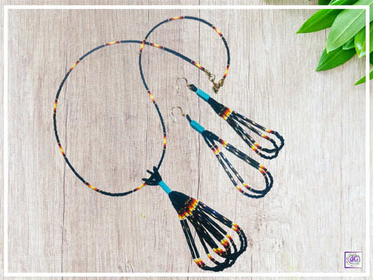 Tassel Bead Necklace Set with Rainbow and Black Seed Beads