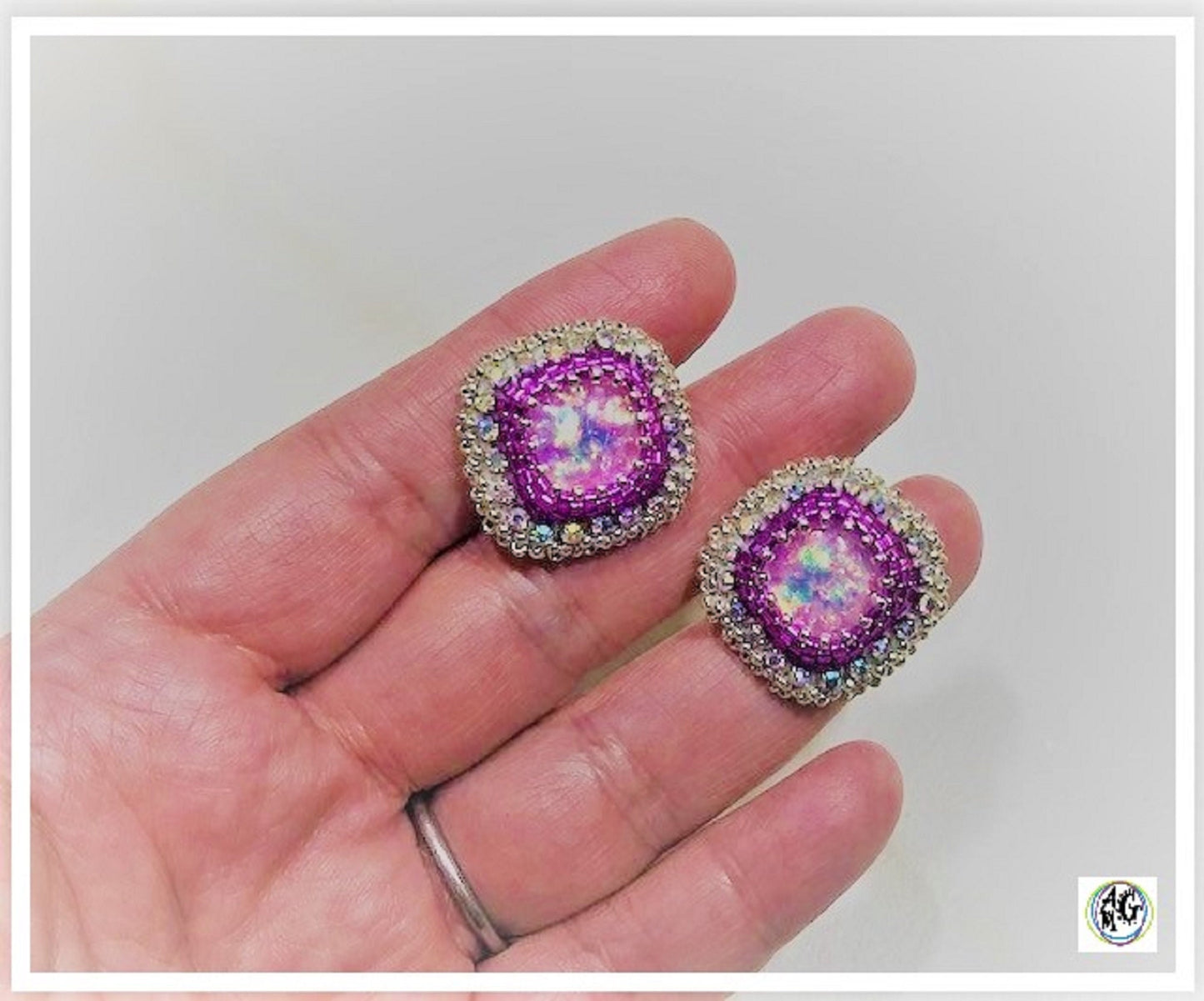 Fuchsia Beaded Rhinestone Stud Earrings