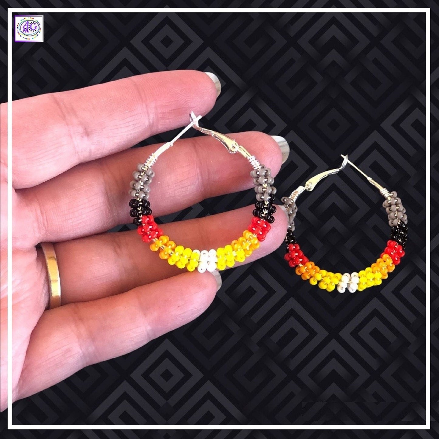 Grey Beaded Hoop Earrings 1 1/2"