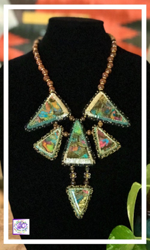 Triangle Necklace with Polymer Clay and Wood Beads