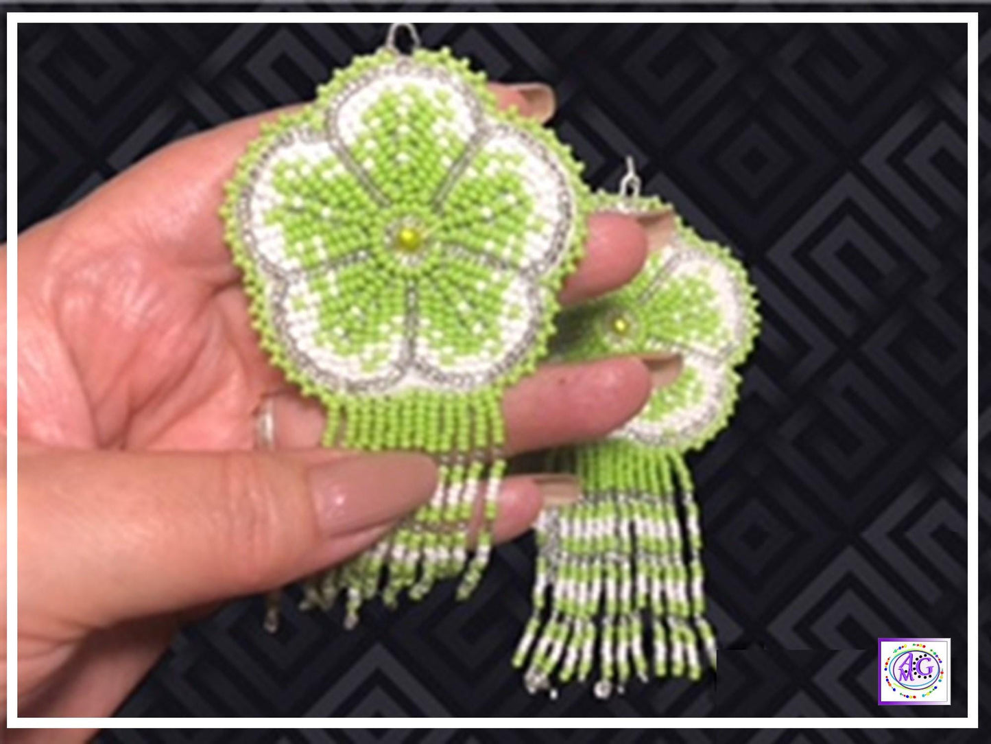 Lime Beaded Blooming Flower Fringe Earrings