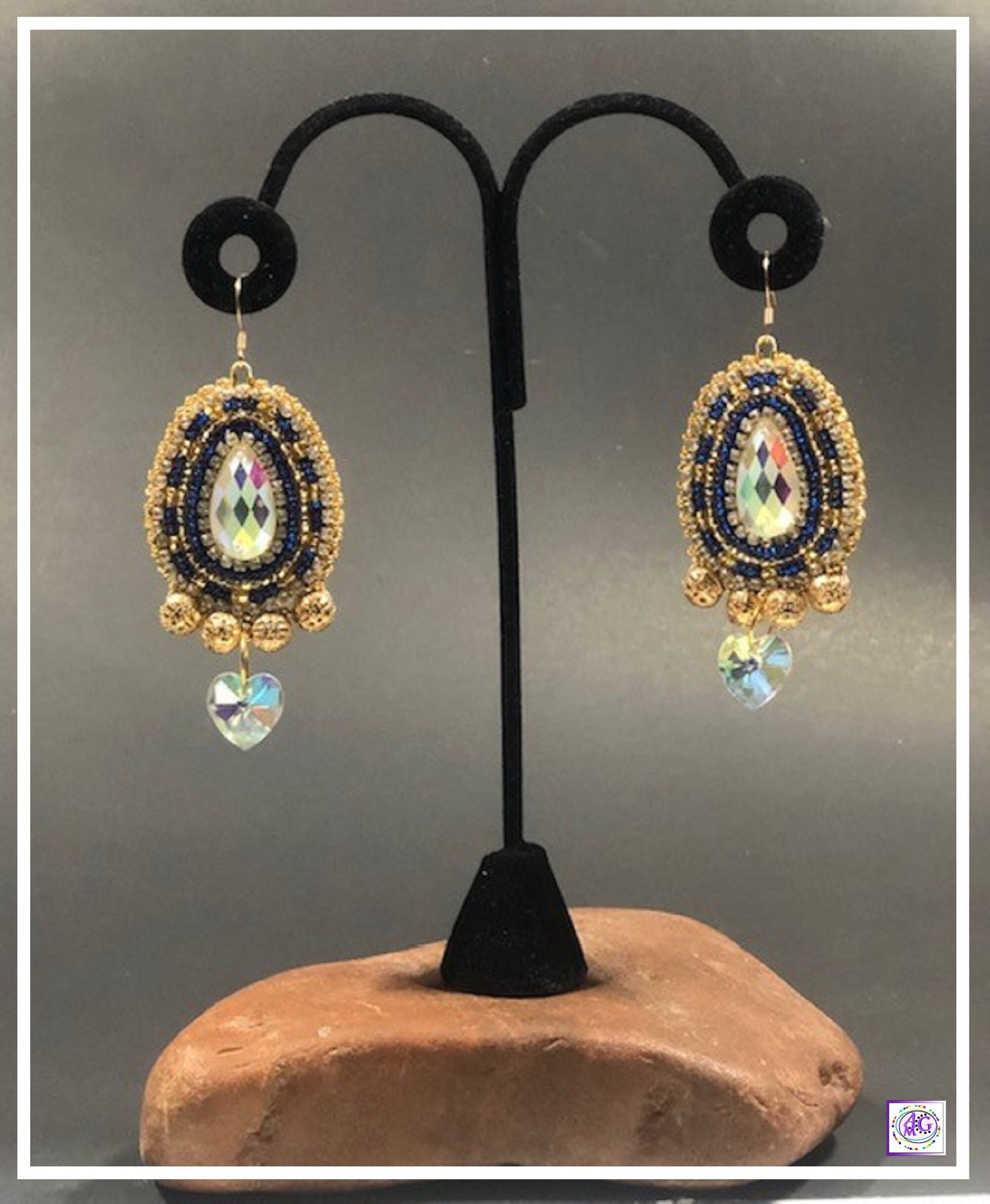 Sapphire Blue and Gold Beaded Earrings with Heart Charm