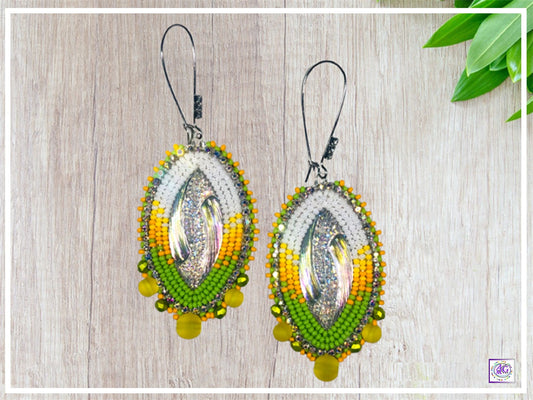 Beaded Earrings, Yellow Beaded Marquise Earrings