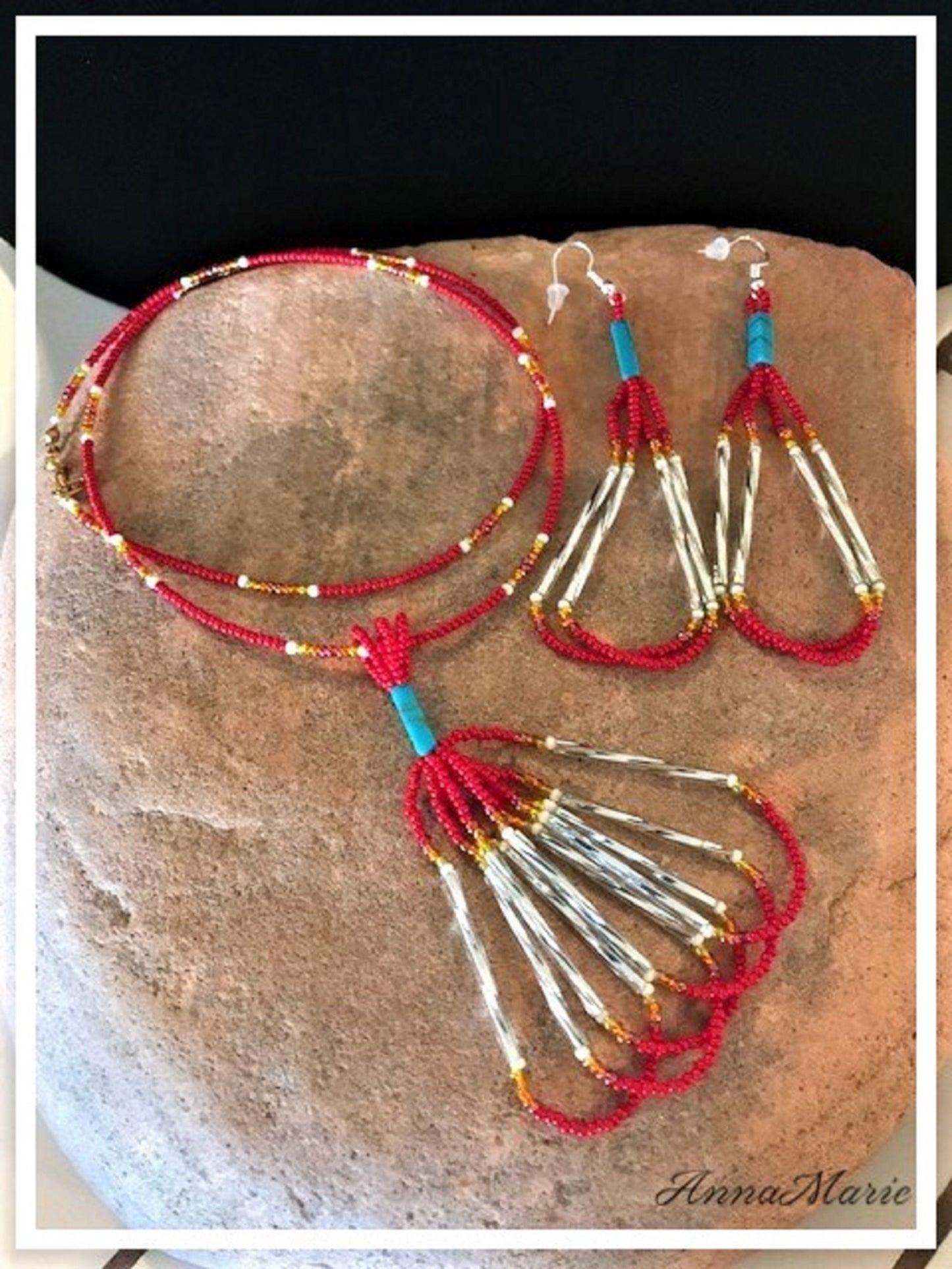 Tassel Bead Necklace Set with Rainbow and Red Seed Beads