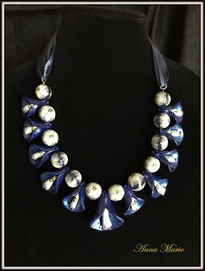 Dark Blue Peddle Necklace and Earring Set with Light Green Accents