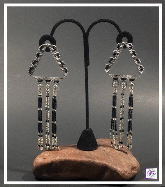 Black and Silver Beaded Fringe Earrings with Rhinestones