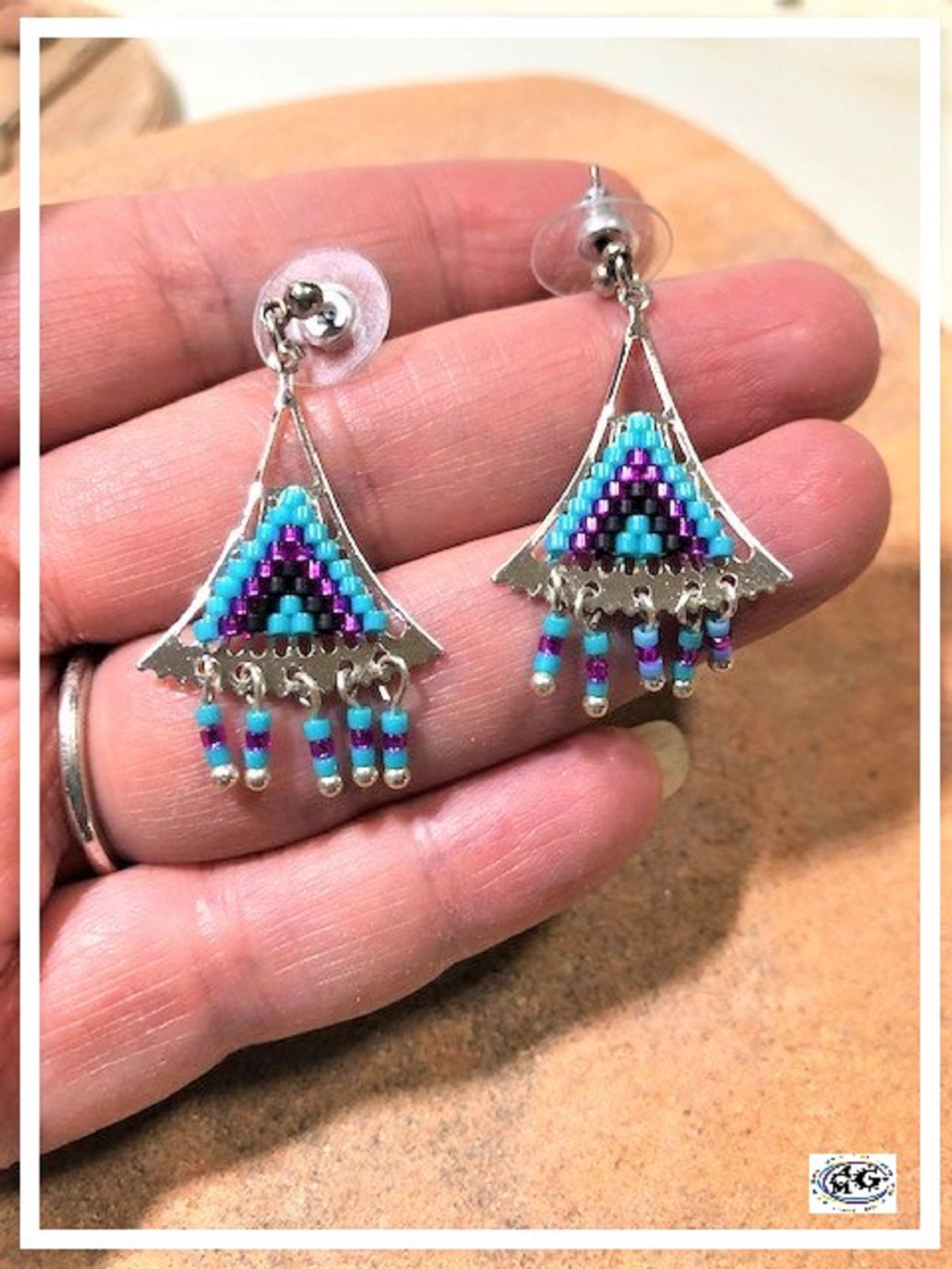 Fuchsia Silver Beaded Triangle Earrings
