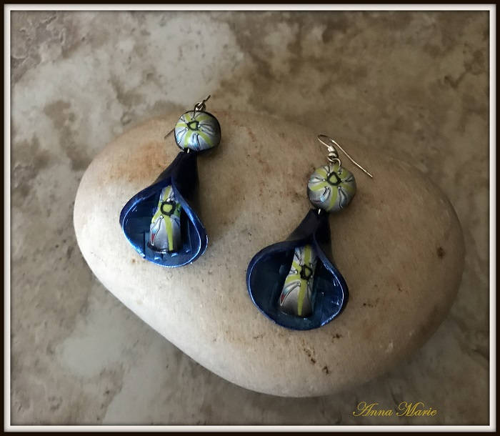 Dark Blue Peddle Necklace and Earring Set with Light Green Accents