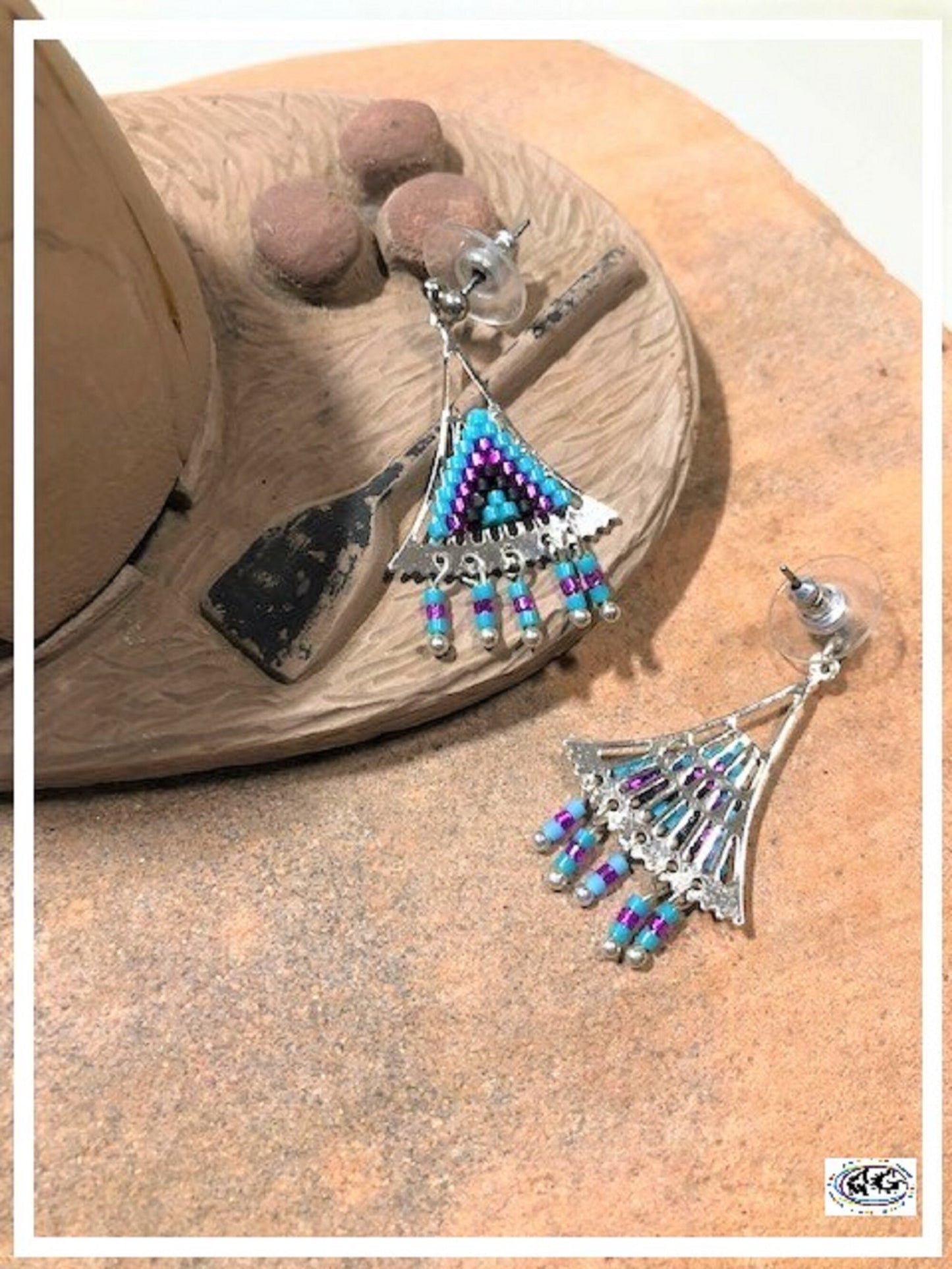Fuchsia Silver Beaded Triangle Earrings