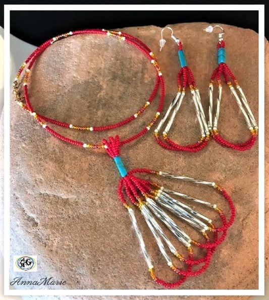 Tassel Bead Necklace Set with Rainbow and Red Seed Beads