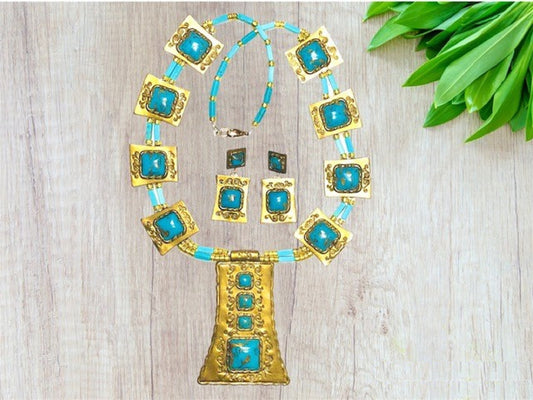 Boho Chic Faux Turquoise Gold Squash Blossom Necklace Set