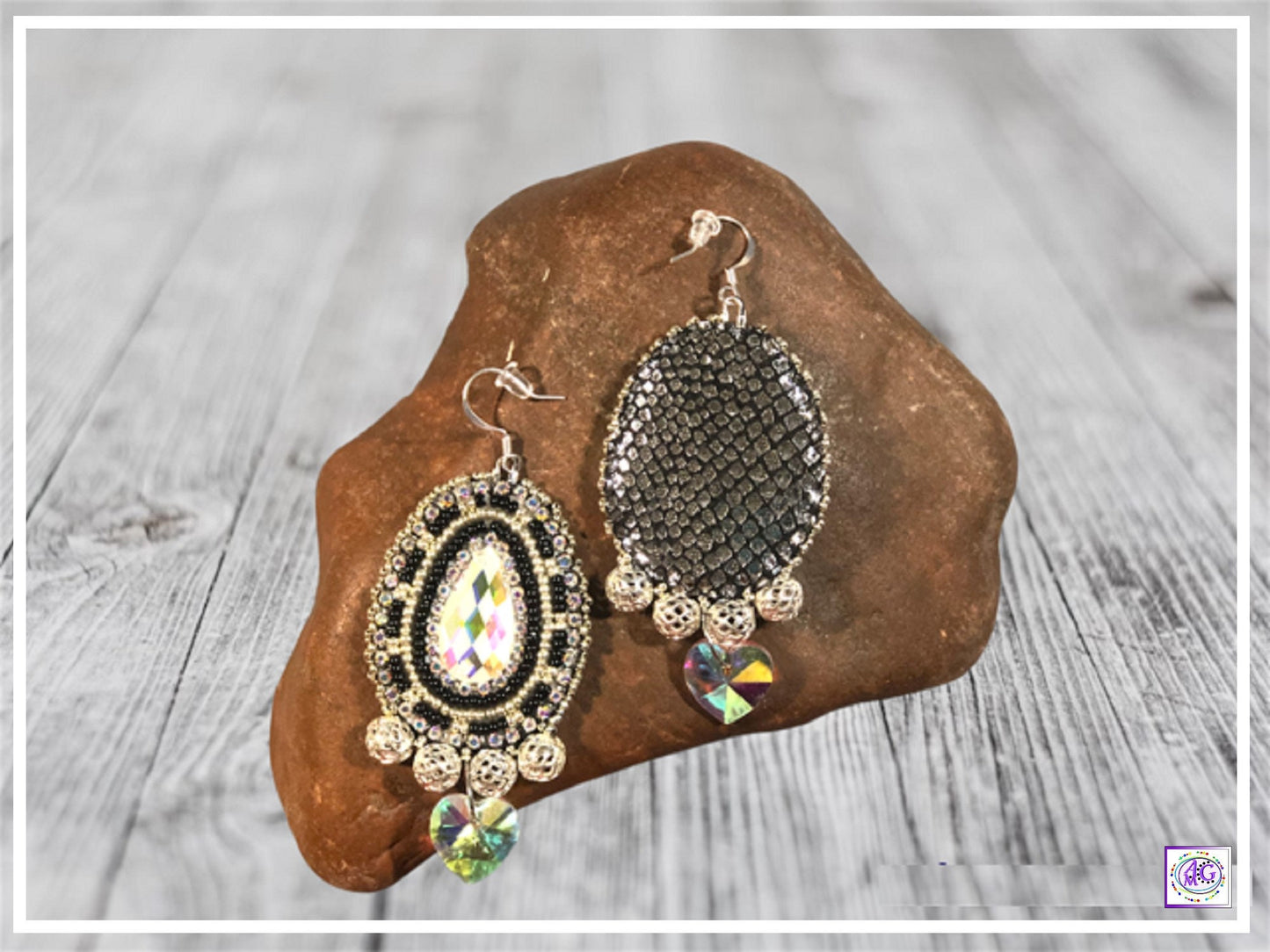 Black and Silver Beaded Earrings with Heart Charm