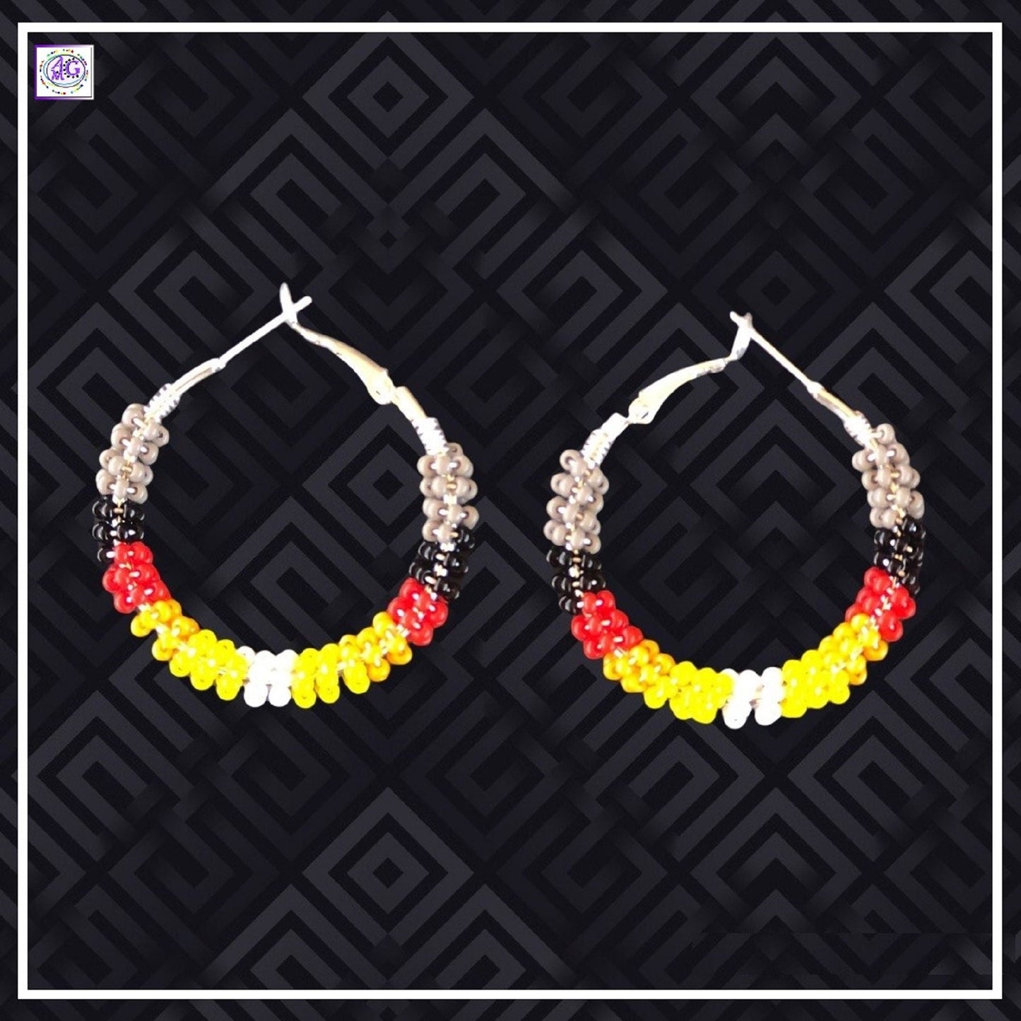 Grey Beaded Hoop Earrings 1 1/2"