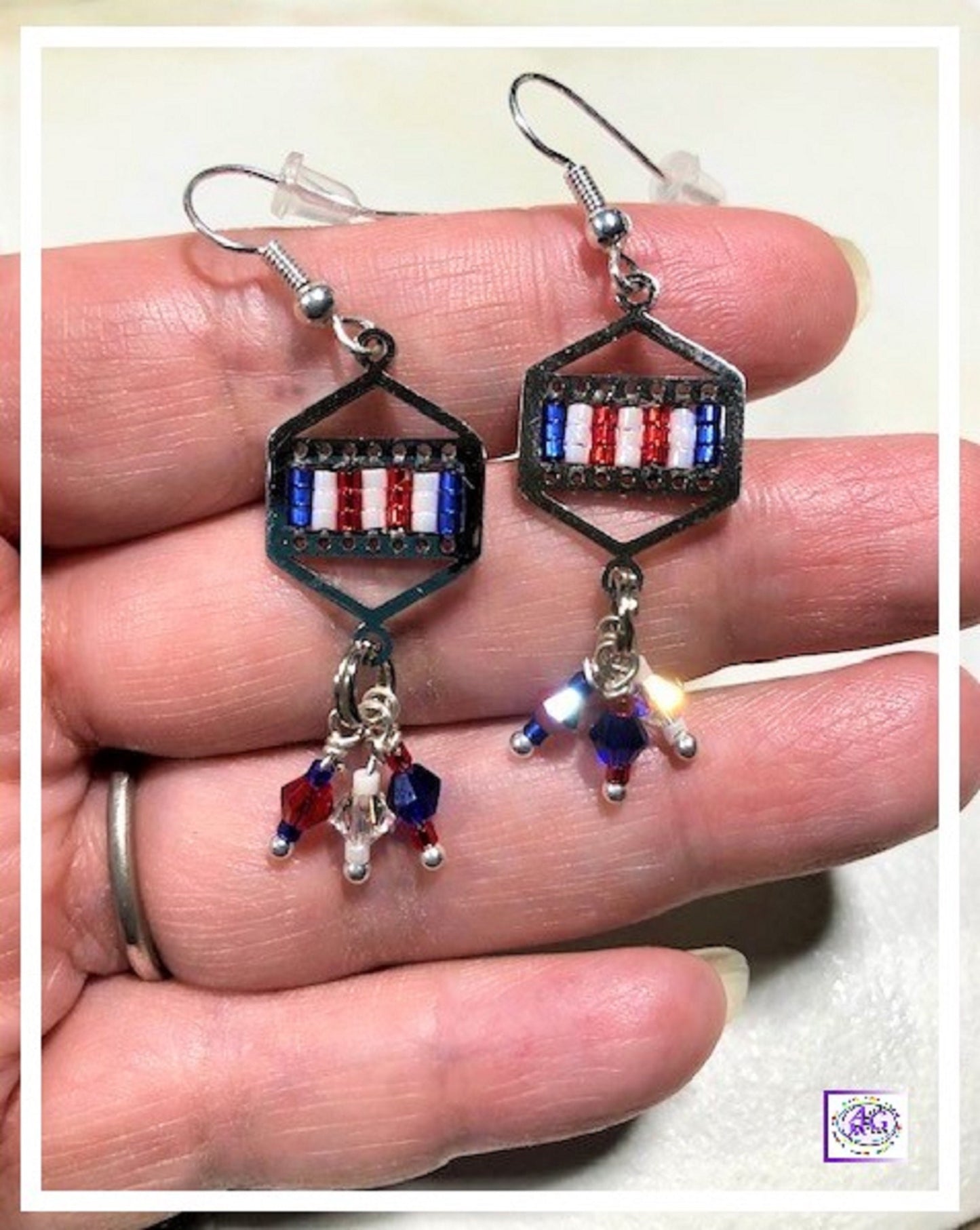 Red, White and Blue Delica Bead Earrings with Crystals