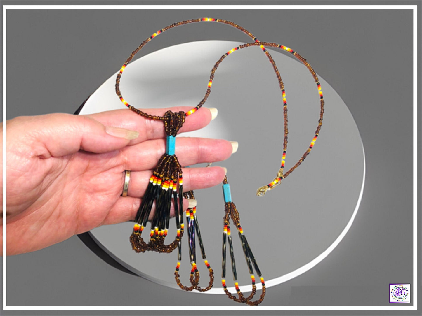 Tassel Bead Necklace Set with Rainbow and Brown Seed Beads
