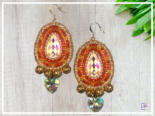 Ruby Red and Gold Beaded Earrings with Heart Charm