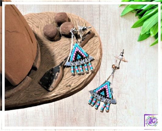 Pink Silver Beaded Triangle Earrings