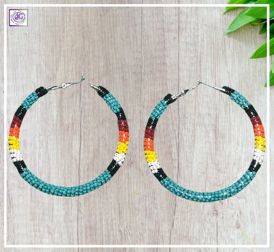 Large Multi Color Beaded Hoop Earrings 2 1/2"