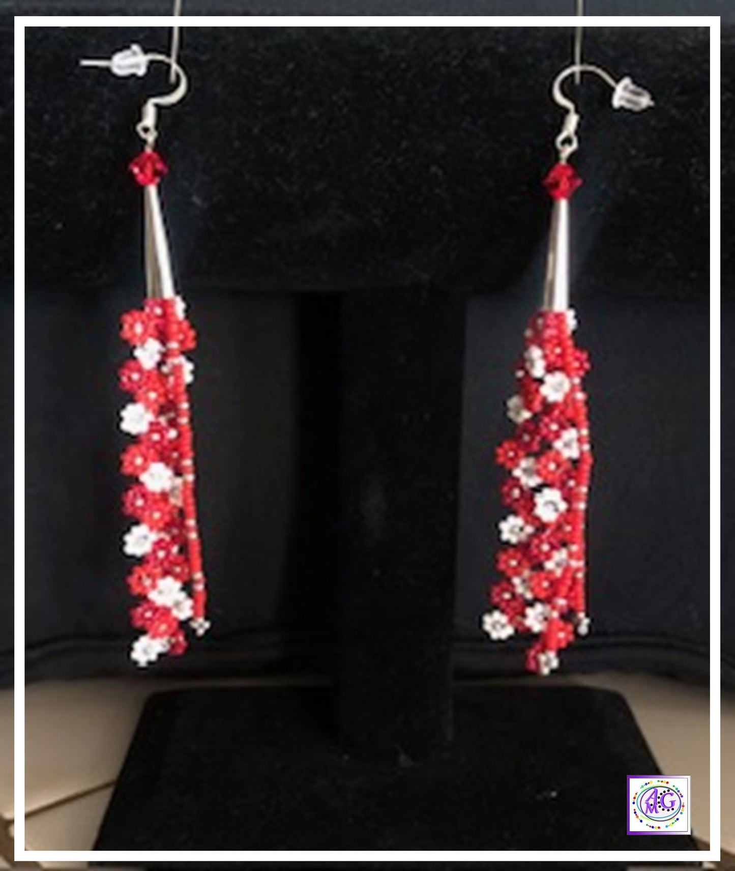 Red Beaded Daisy Flower Earrings
