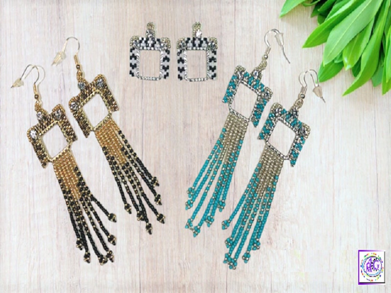 Silver and Turquoise Beaded Rhinestone Fringe Earrings