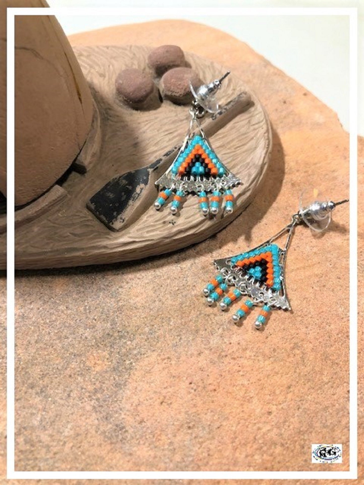 Orange Silver Beaded Triangle Earrings