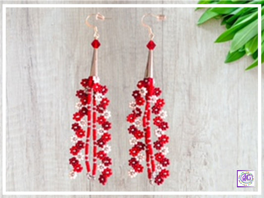Red Beaded Daisy Flower Earrings