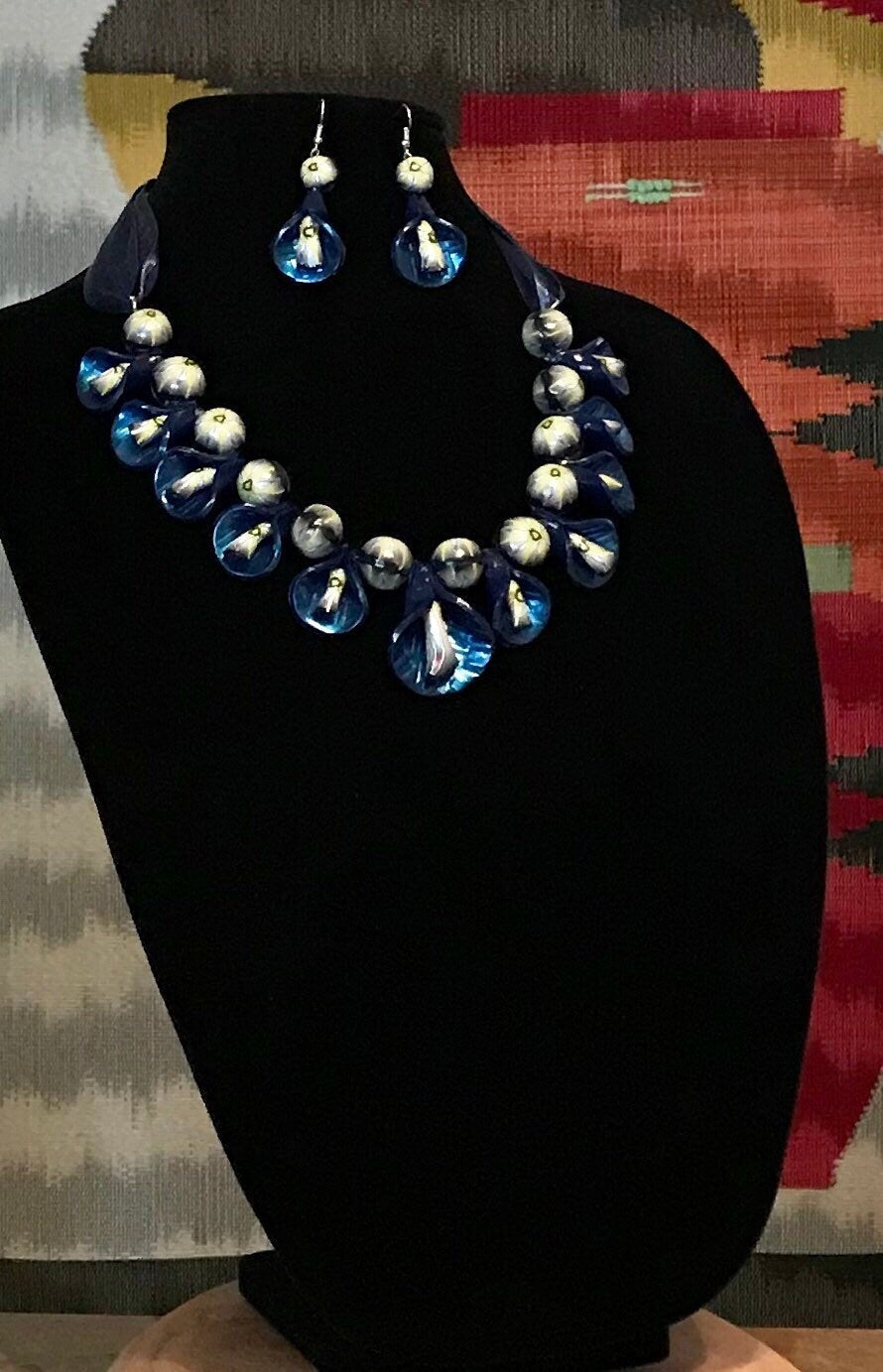Dark Blue Peddle Necklace and Earring Set with Light Green Accents