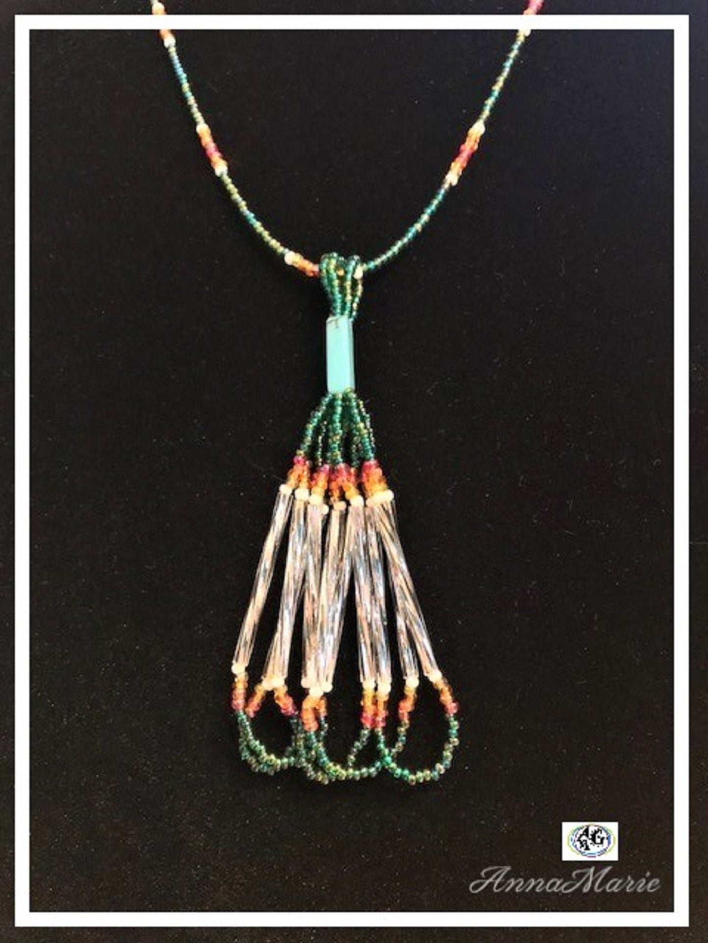 Tassel Bead Necklace Set with Rainbow and Green Seed Beads