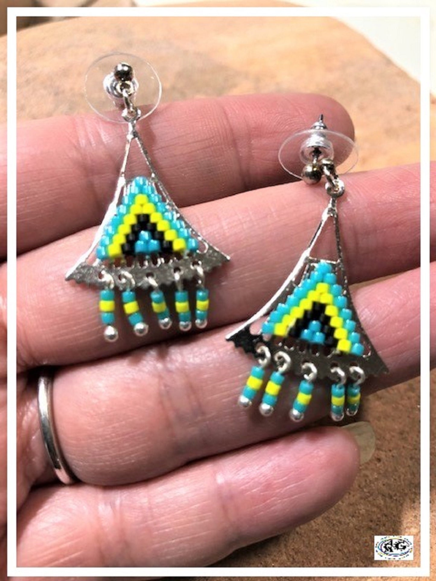 Silver Yellow Beaded Triangle Earrings
