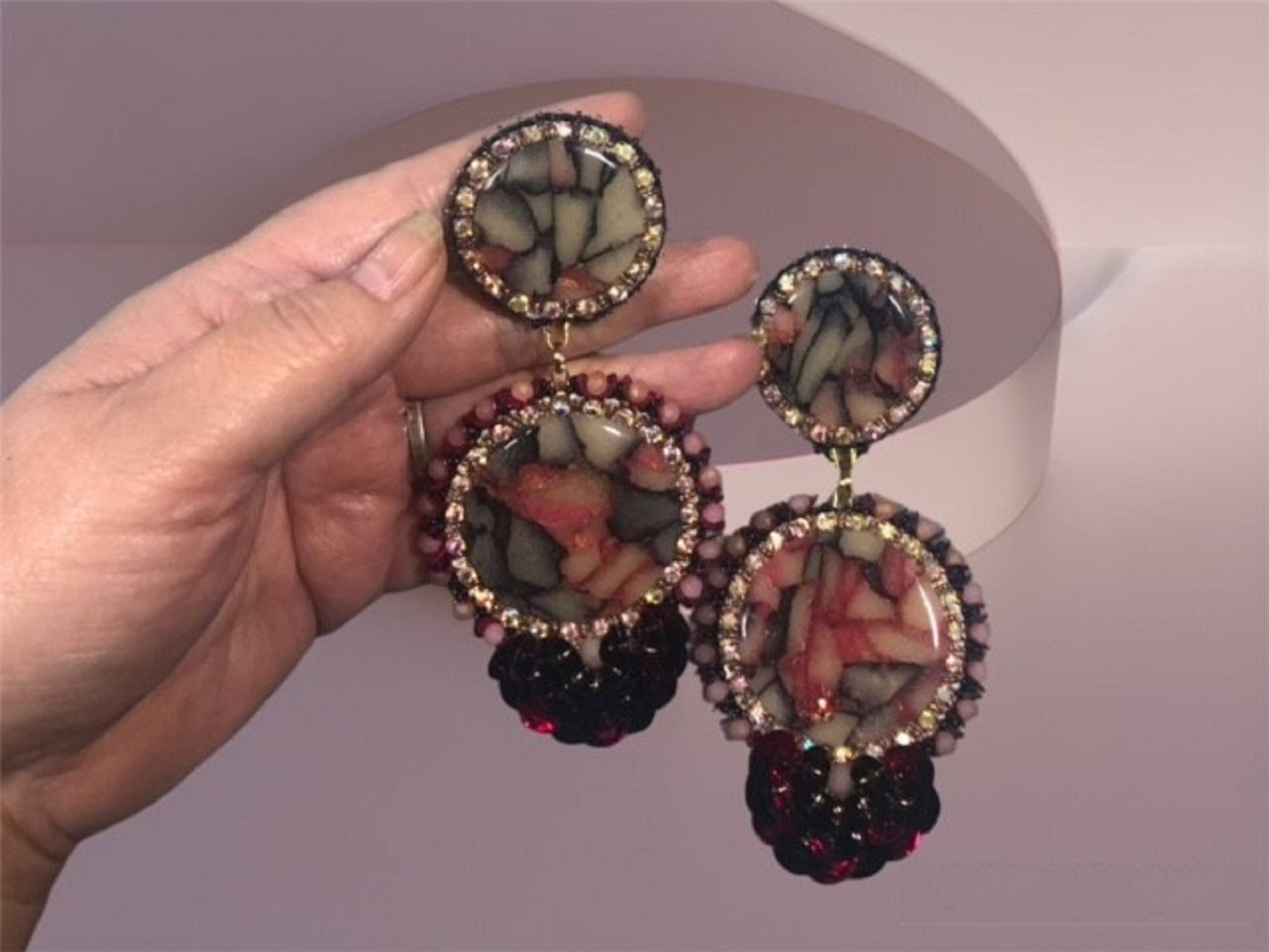 Beaded Earrings with Sequin Flower and Rhinestones