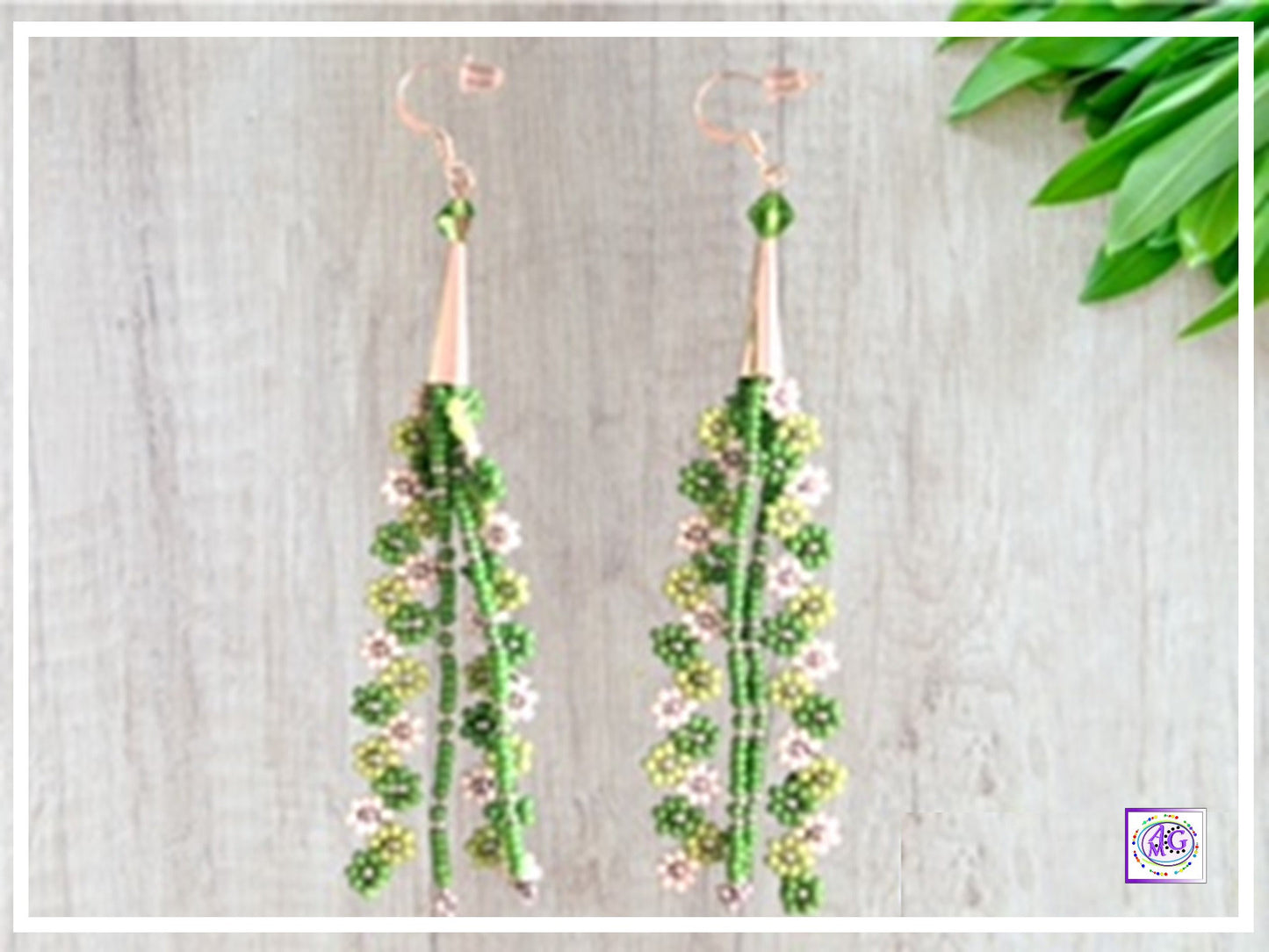Green Beaded Daisy Flower Earrings