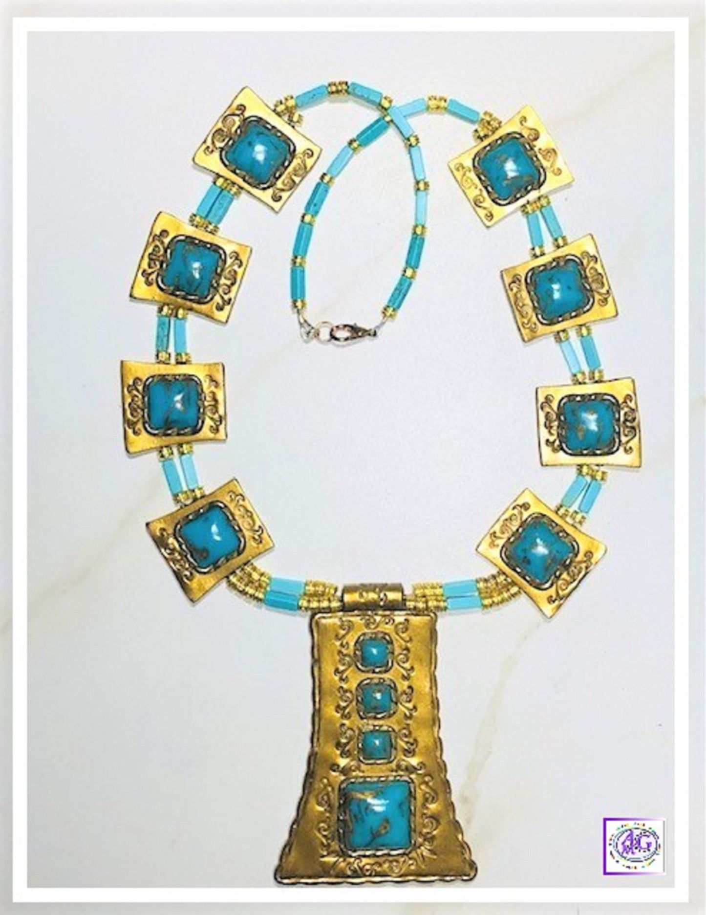 Boho Chic Faux Turquoise Gold Squash Blossom Necklace Set