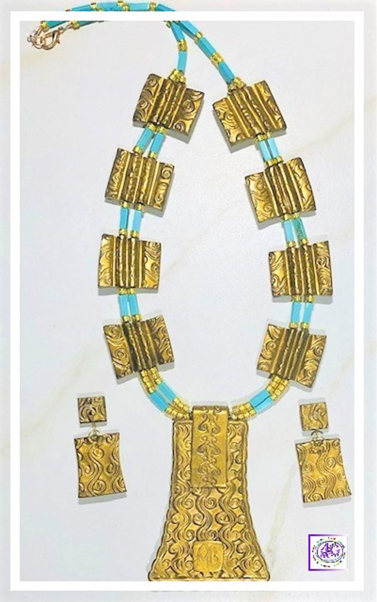 Boho Chic Faux Turquoise Gold Squash Blossom Necklace Set