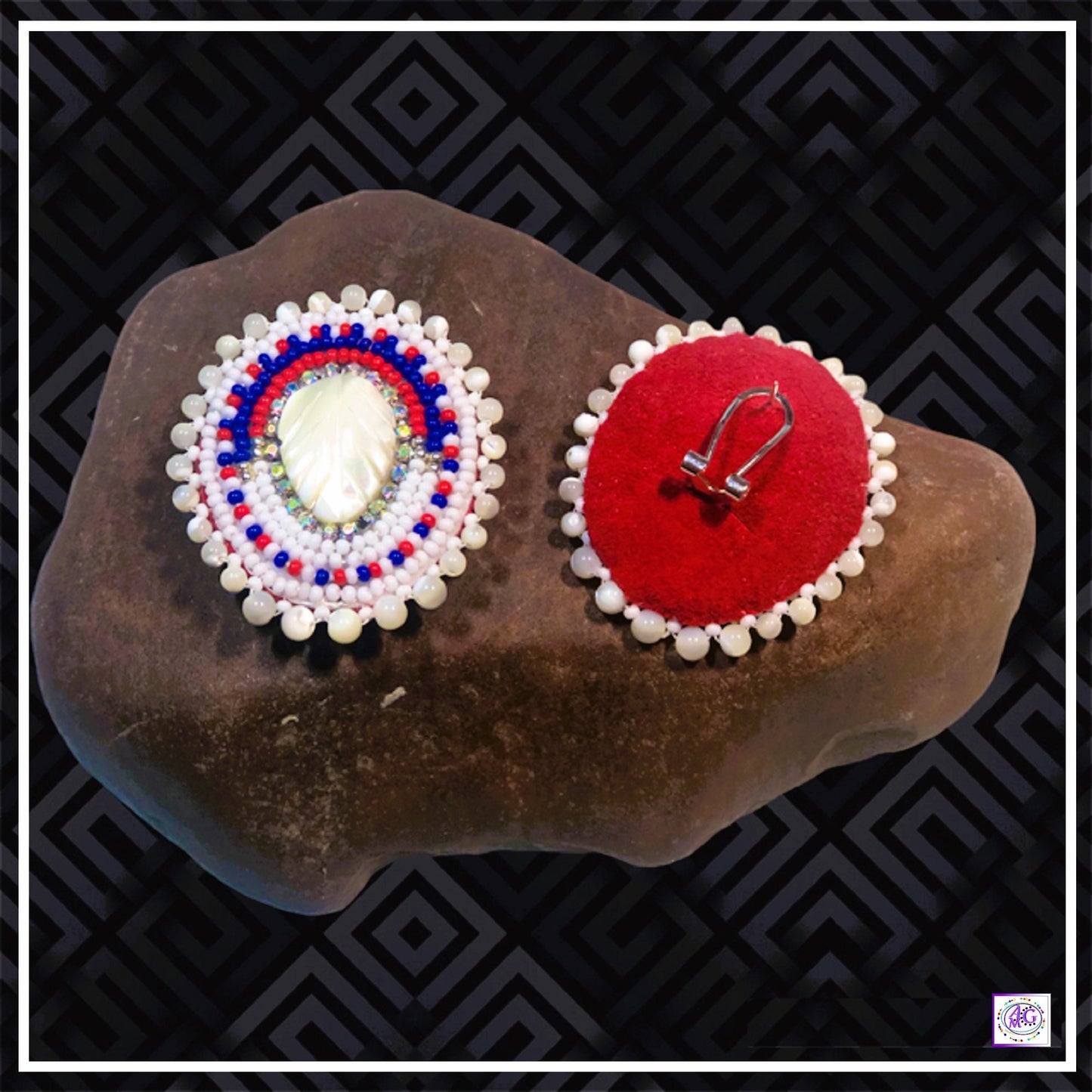 Mother of Pearl Leaf Beaded Earrings with Rhinestones, Red, White and Blue, Beaded Earrings