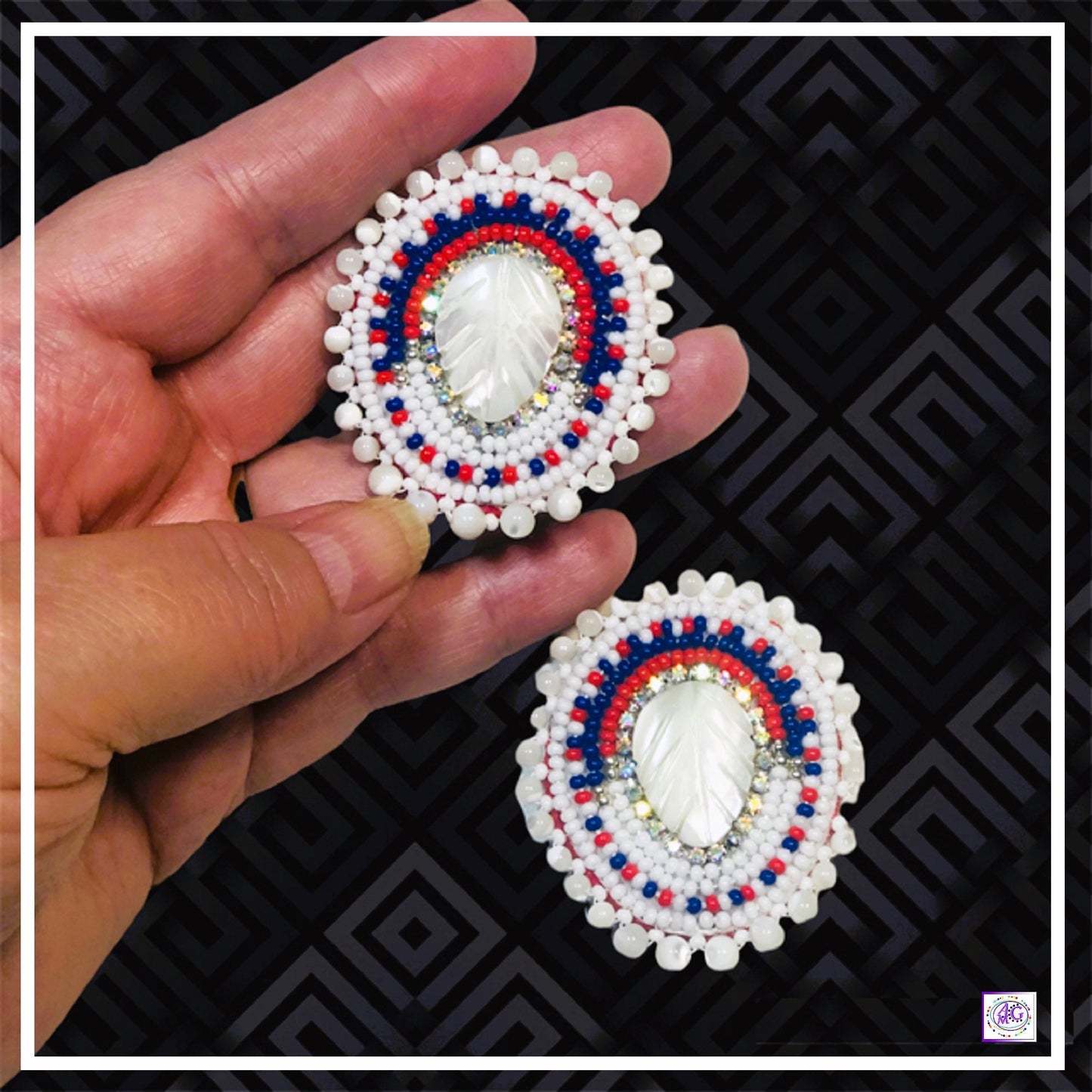 Mother of Pearl Leaf Beaded Earrings with Rhinestones, Red, White and Blue, Beaded Earrings