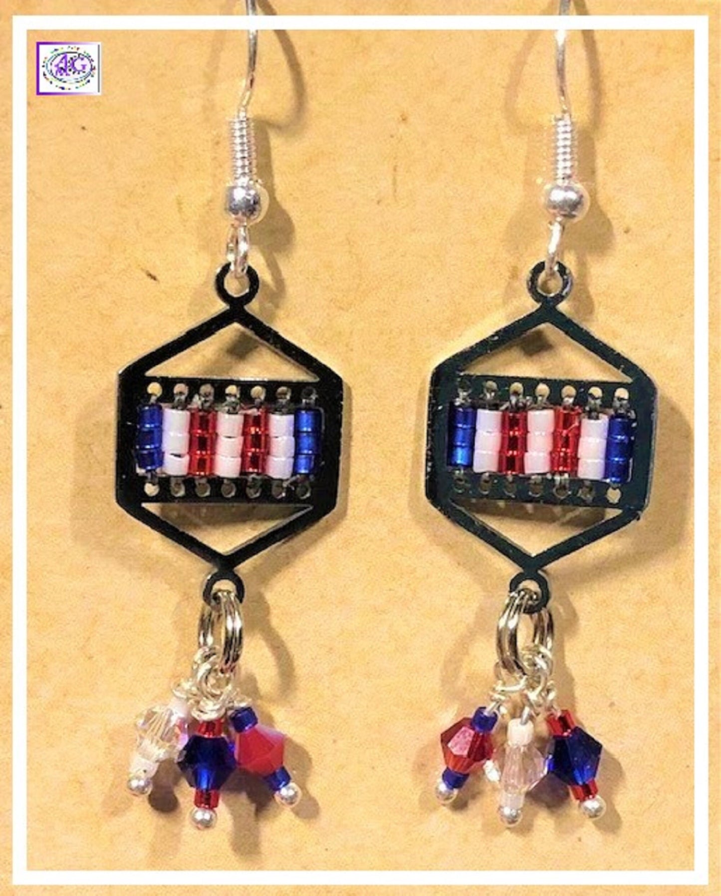 Red, White and Blue Delica Bead Earrings with Crystals