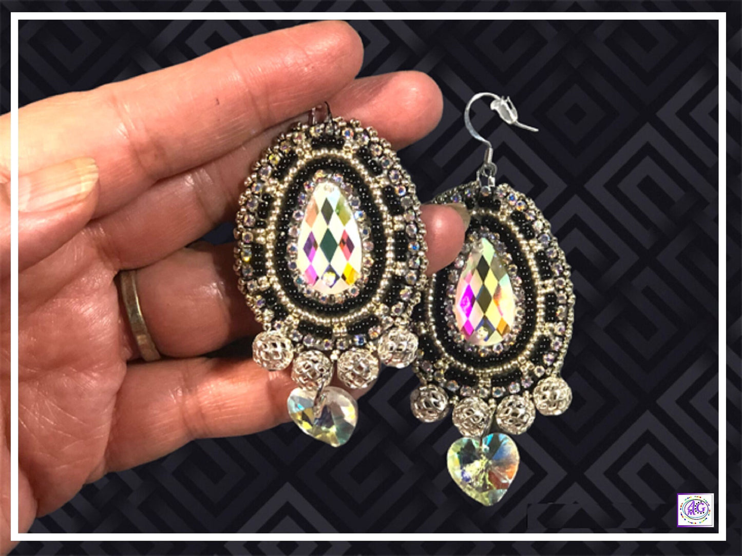 Black and Silver Beaded Earrings with Heart Charm