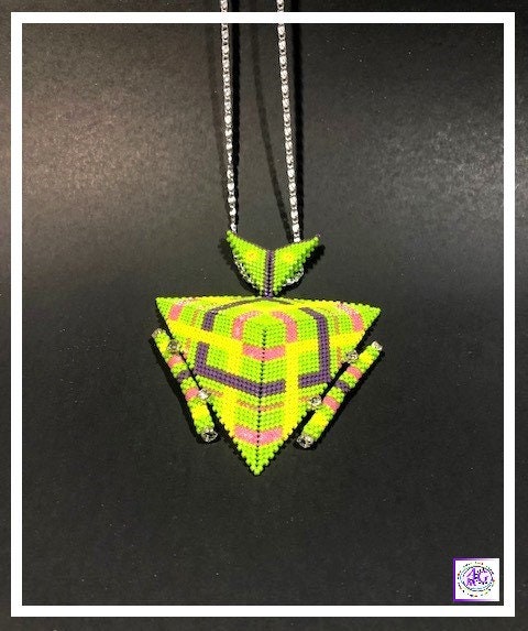 Beaded Triangle Necklace Set with Geometric Design (Lime Green)