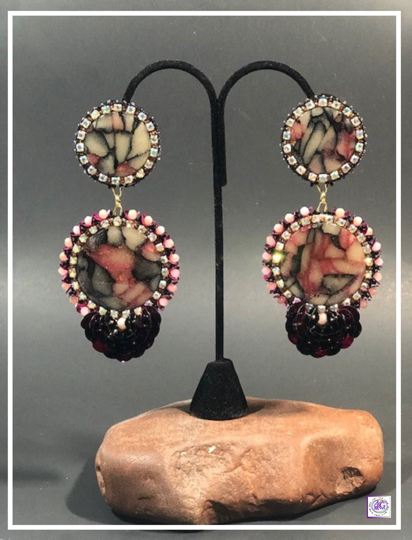 Beaded Earrings with Sequin Flower and Rhinestones