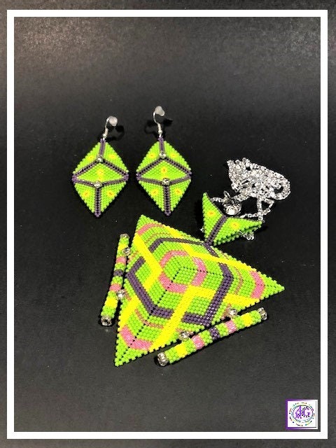 Beaded Triangle Necklace Set with Geometric Design (Lime Green)