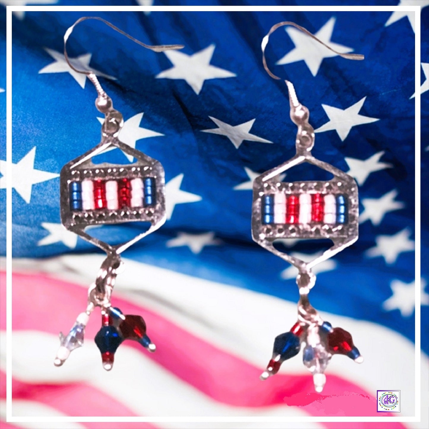 Red, White and Blue Delica Bead Earrings with Crystals