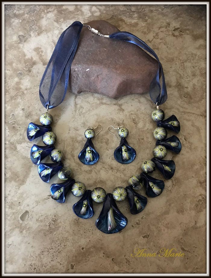 Dark Blue Peddle Necklace and Earring Set with Light Green Accents