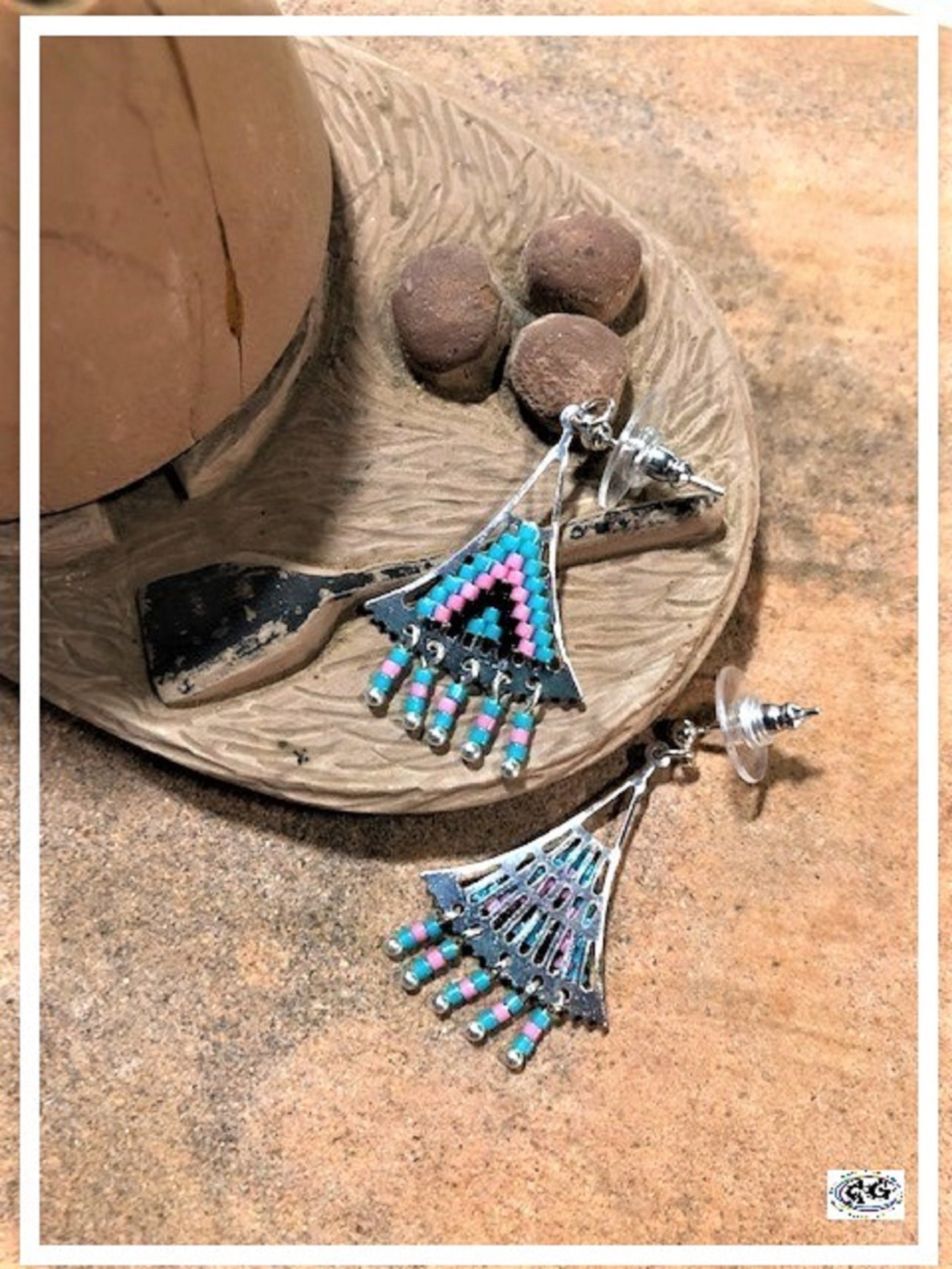 Pink Silver Beaded Triangle Earrings